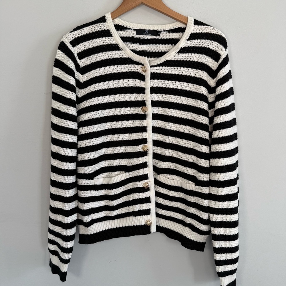 Striped Black and White Women's Cardigan Sweater w/ Gold Buttons, Size L